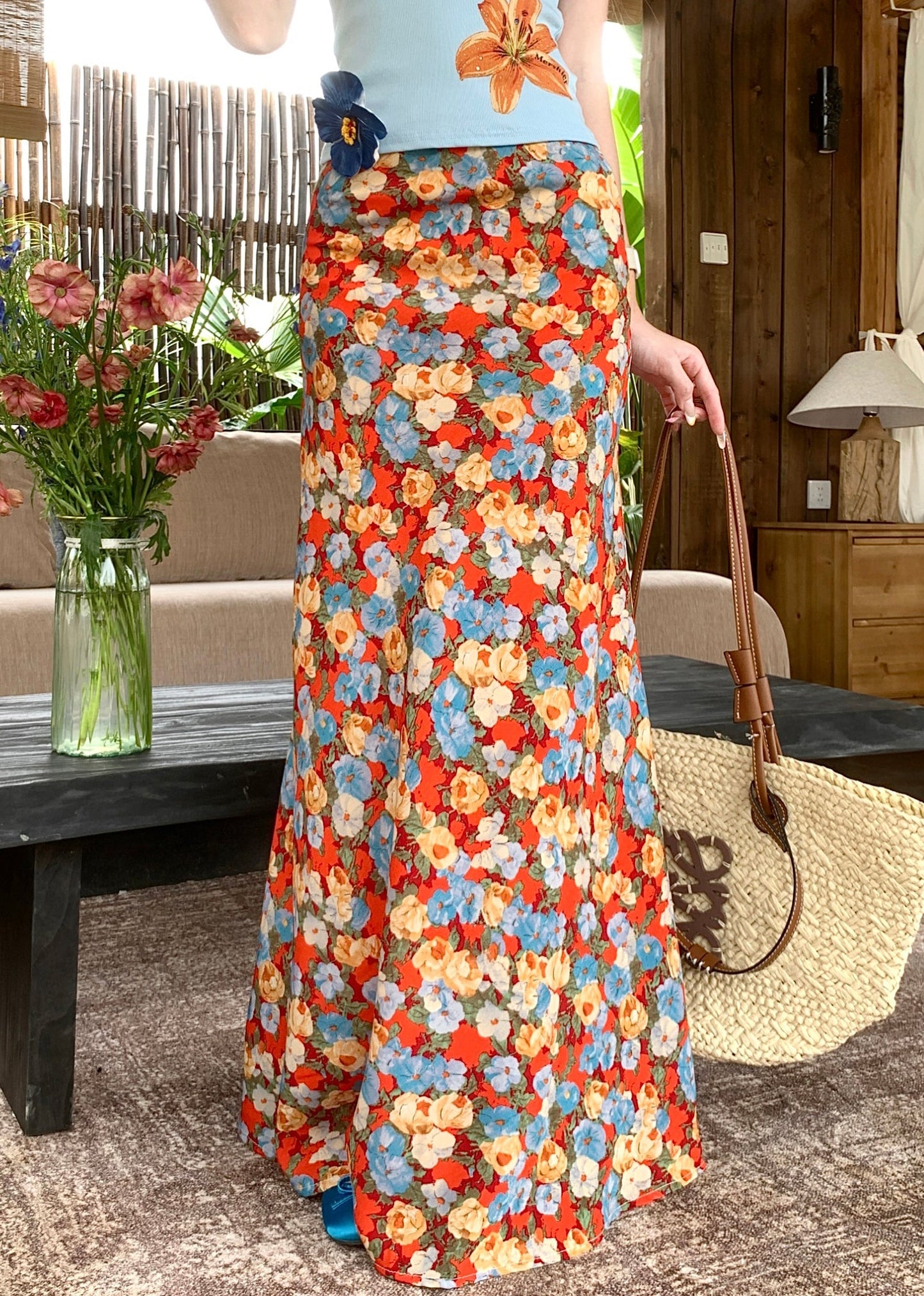 High Novelty Summer Print Skirts Orange Cotton Waist