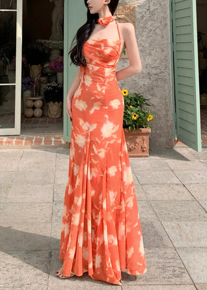 Sleeveless Orange Lace Up Dresses Novelty Print Long Chiffon