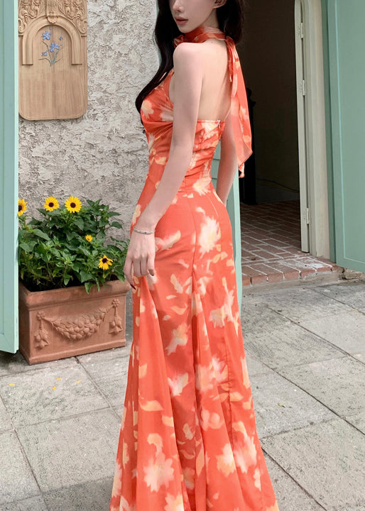 Sleeveless Orange Lace Up Dresses Novelty Print Long Chiffon