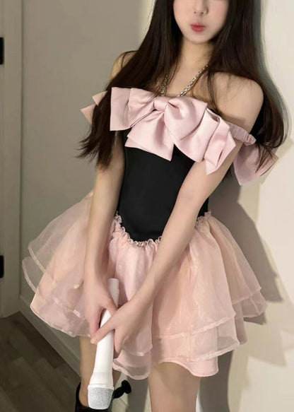 Robe mi-longue en tulle avec nœud rose et zircon fantaisie, patchwork, été XX054