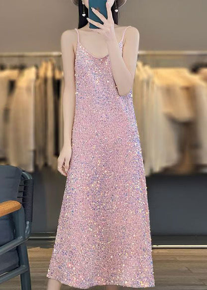 Robe fantaisie rose à bretelles spaghetti et col en V sans manches AB1043