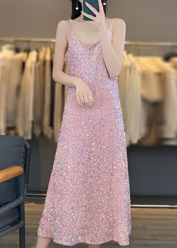 Robe fantaisie rose à bretelles spaghetti et col en V sans manches AB1043