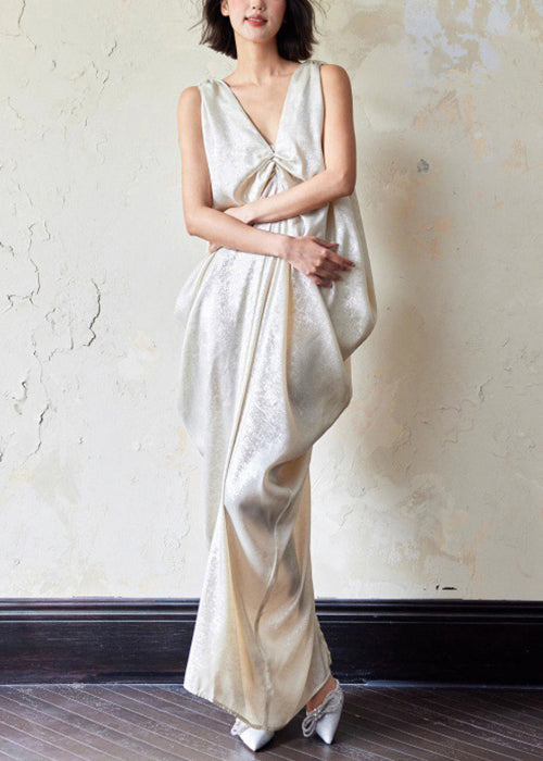 Novelty Dress Sleeveless Maxi Neck Pockets Wrinkled Cotton V