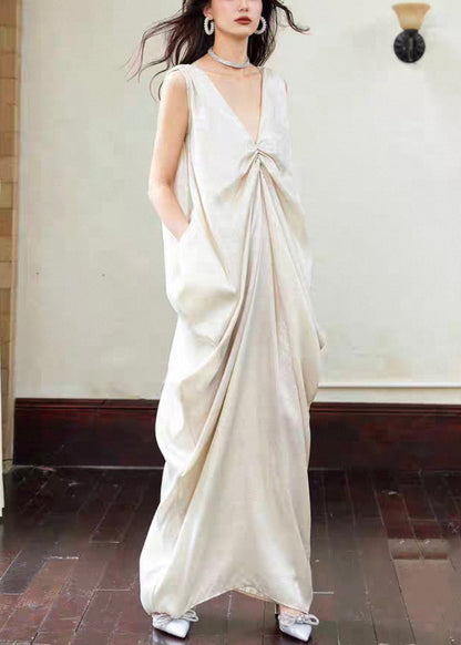 Novelty Dress Sleeveless Maxi Neck Pockets Wrinkled Cotton V