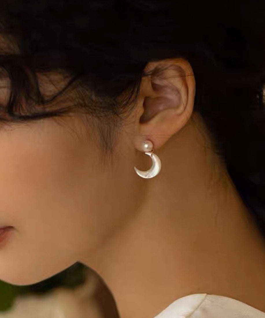 Copper White Novelty Overgild Stud Moon Earrings Pearl