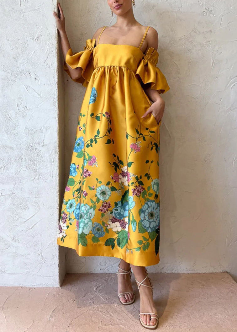 Novelty Yellow Print Pockets Cotton Spaghetti Strap Dress Flare Sleeve FF096