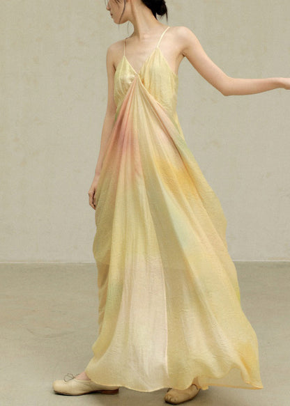Dye Cotton Strap Novelty Spaghetti Dress Wrinkled Yellow Tie