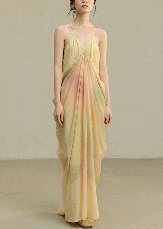 Dye Cotton Strap Novelty Spaghetti Dress Wrinkled Yellow Tie