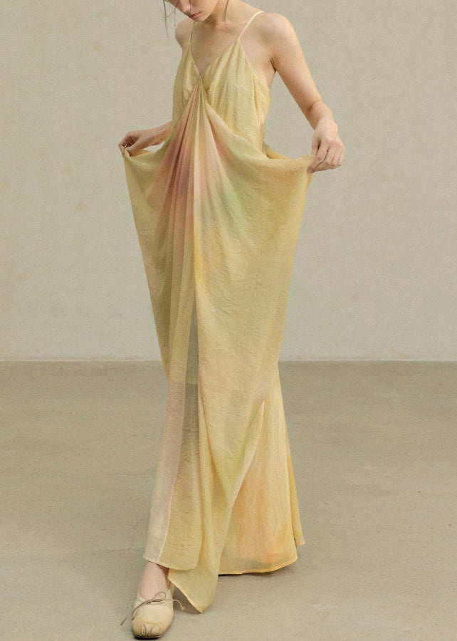 Dye Cotton Strap Novelty Spaghetti Dress Wrinkled Yellow Tie