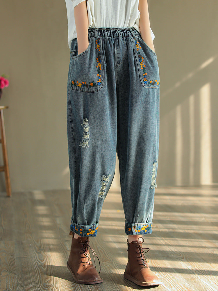 Pantalon sarouel en denim brodé déchiré vintage OP1025