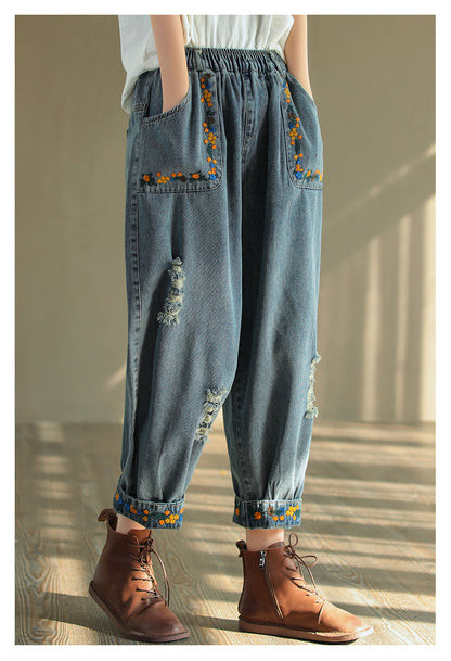 Pantalon sarouel en denim brodé déchiré vintage OP1025