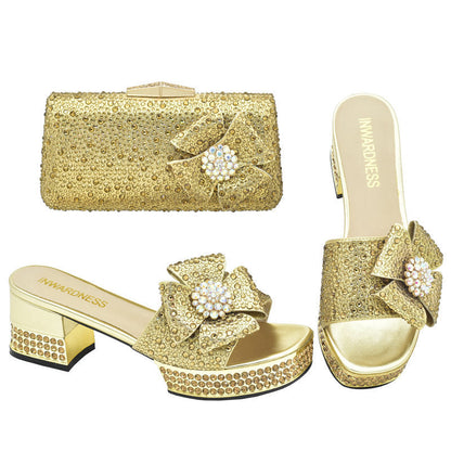 Heel with Rhinestone Sparkling Clutch Bow Matching High Sandals