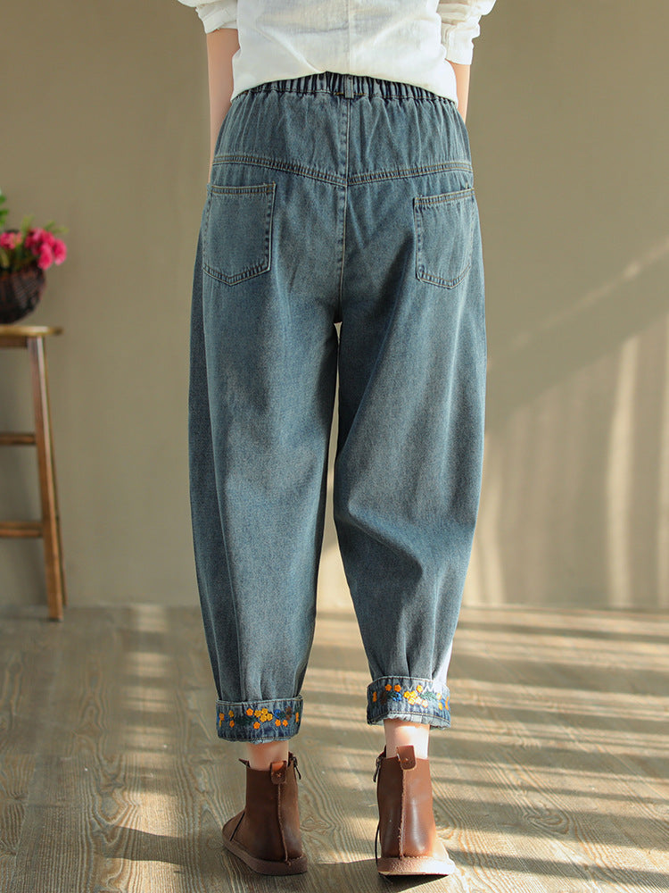 Pantalon sarouel en denim brodé déchiré vintage OP1025