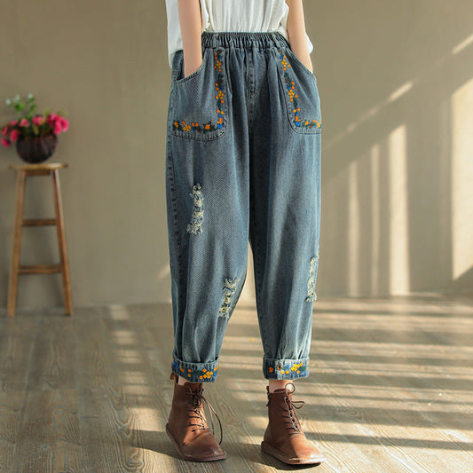 Vintage zerrissene bestickte Denim Haremshose OP1025