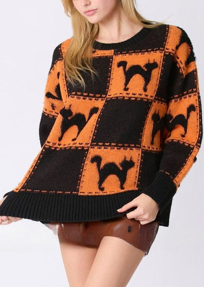 Pull en tricot confortable à col rond avec motif animal orange AE1027