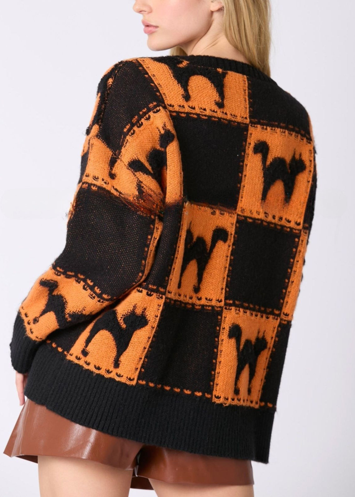 Pull en tricot confortable à col rond avec motif animal orange AE1027