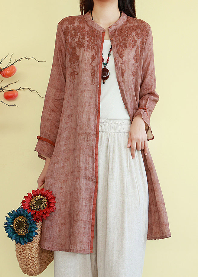 Linen O-Neck Shirts Loose Button Fall Orange