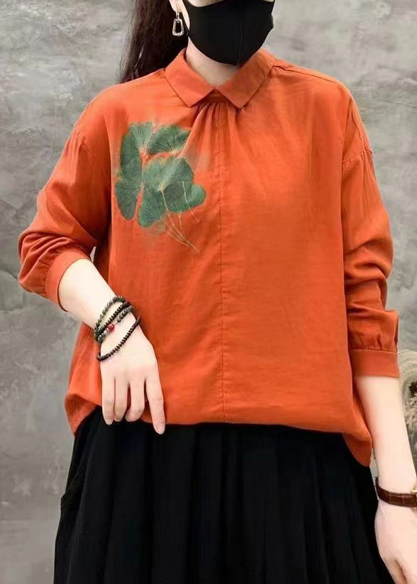 Orange Button Linen Shirt Peter Pan Collar Long Sleeve RE018