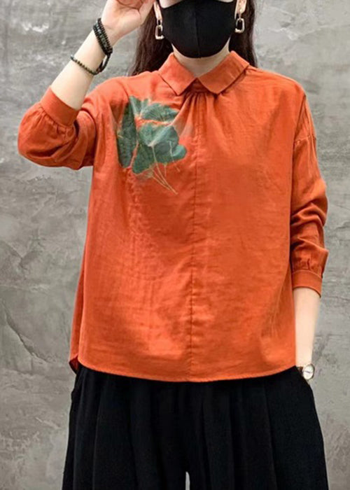 Orange Button Linen Shirt Peter Pan Collar Long Sleeve RE018