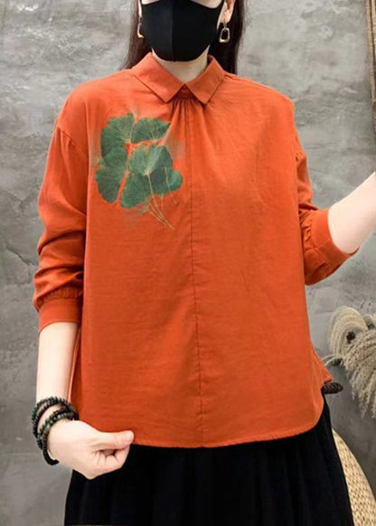 Orange Button Linen Shirt Peter Pan Collar Long Sleeve RE018