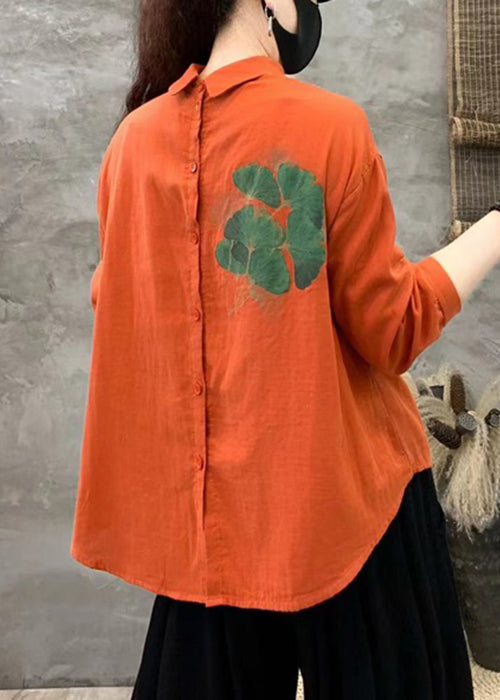 Orange Button Linen Shirt Peter Pan Collar Long Sleeve RE018