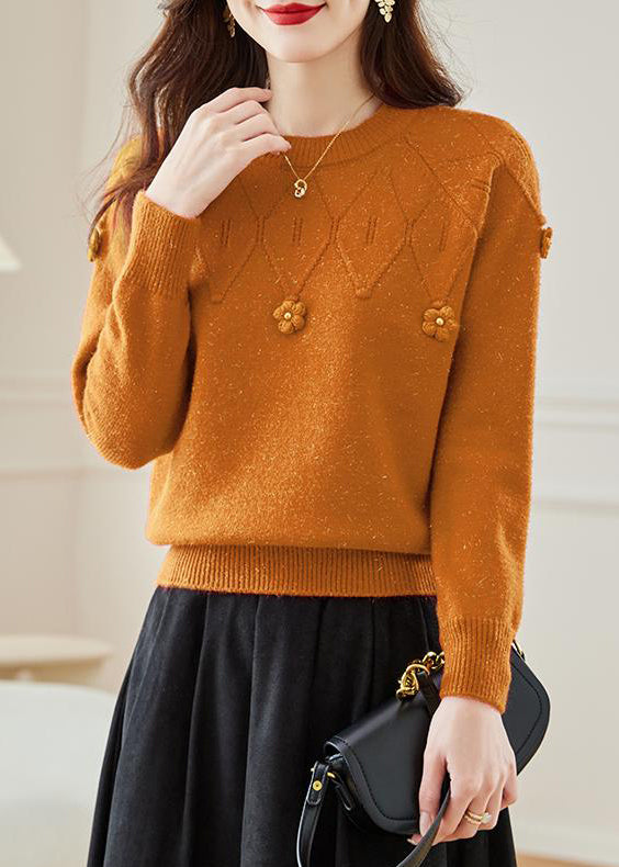 Orange Hollow Out Solid Knit Fall Sweaters O Neck QS012