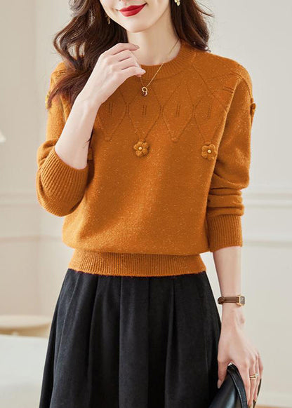 Orange Hollow Out Solid Knit Fall Sweaters O Neck QS012