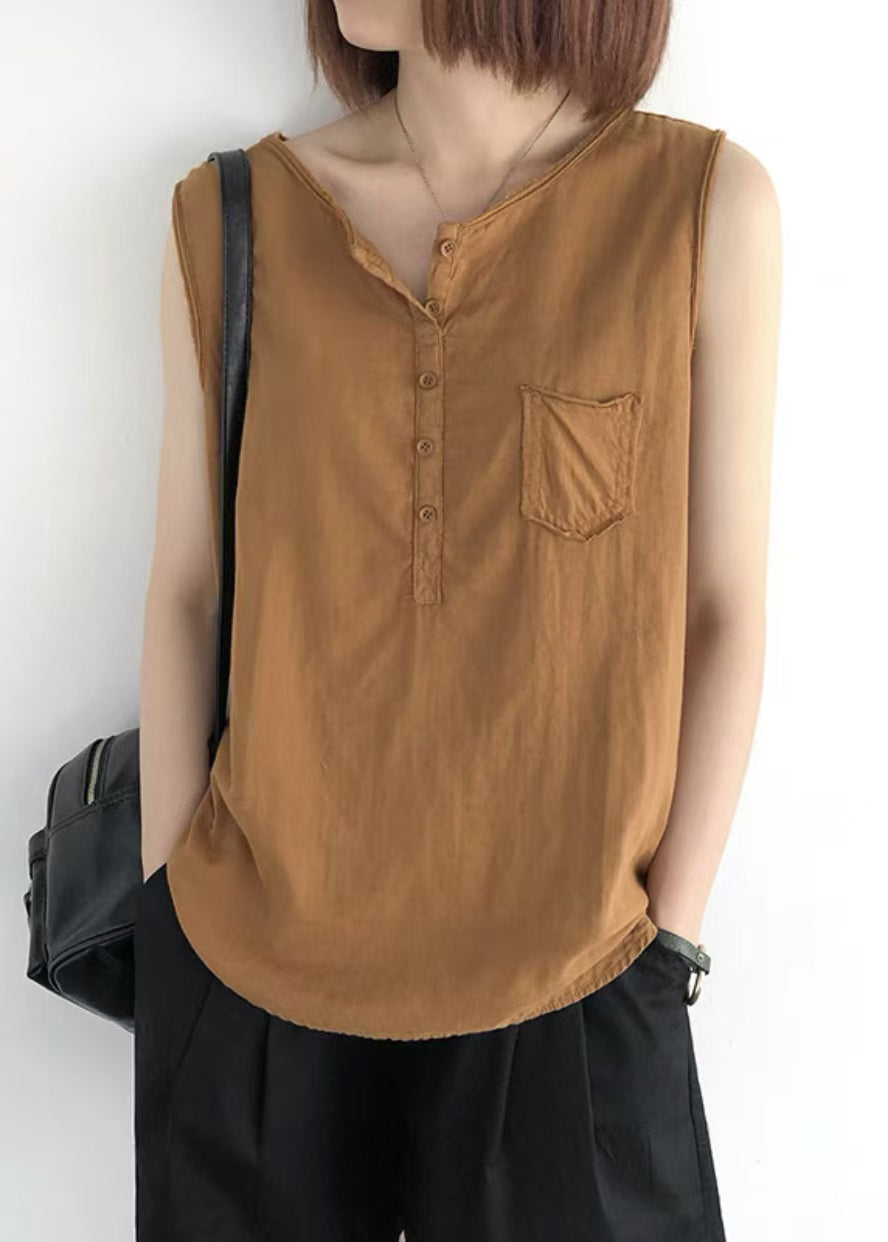 Pocket Tops Linen Orange Sleeveless O-Neck