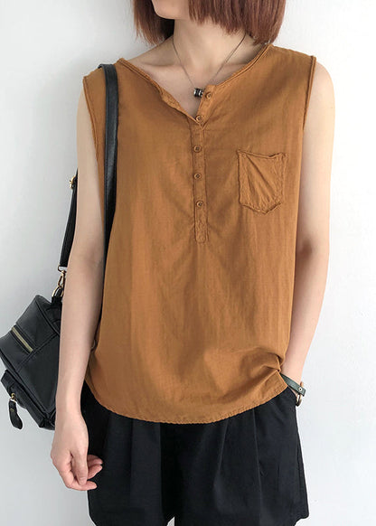 Pocket Tops Linen Orange Sleeveless O-Neck