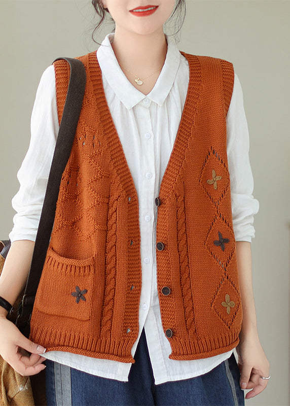 Gilet en tricot à poches orange, col en V, brodé, automne QA035