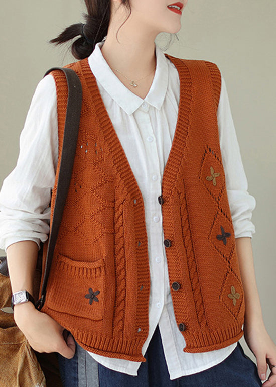 Gilet en tricot à poches orange, col en V, brodé, automne QA035