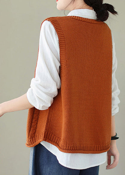 Gilet en tricot à poches orange, col en V, brodé, automne QA035