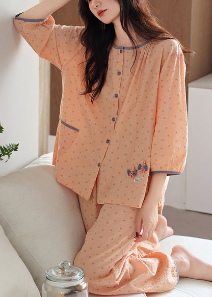 O Pieces Cotton Pajamas Orange Set Two Fall Patchwork Pockets