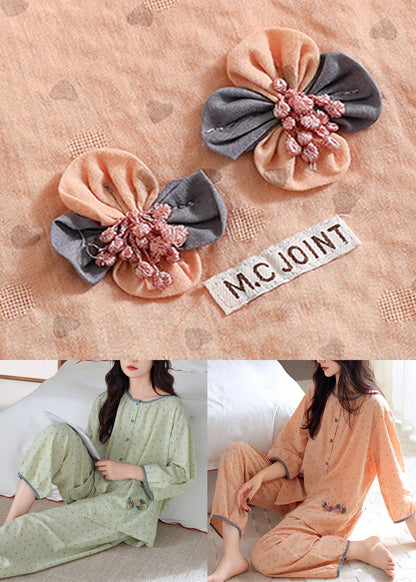 O Pieces Cotton Pajamas Orange Set Two Fall Patchwork Pockets