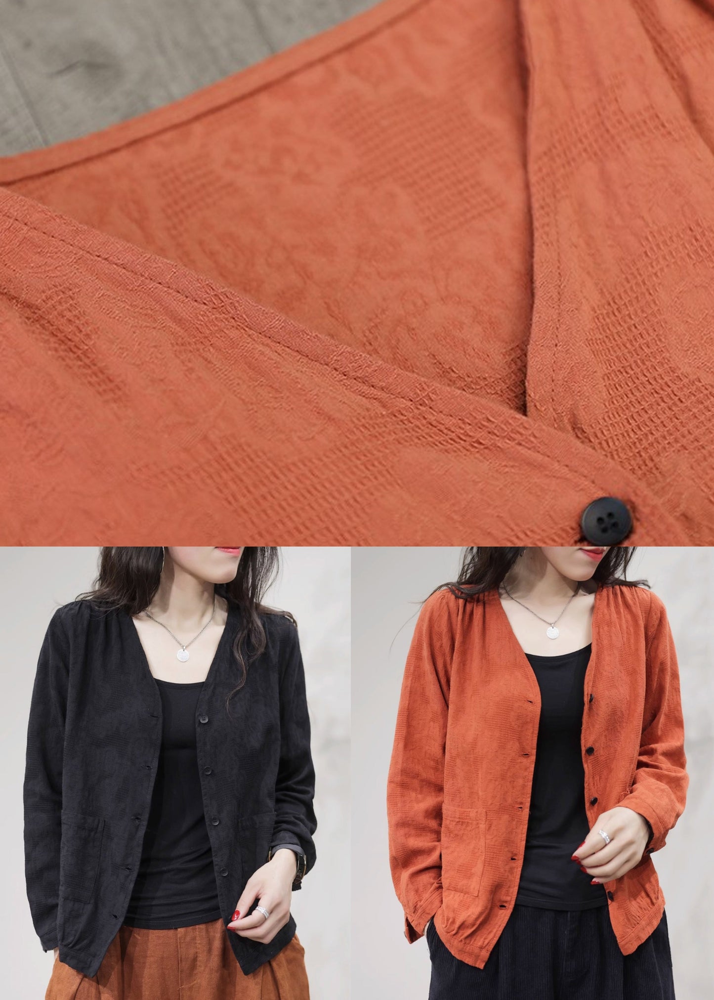 Orange Pockets Solid Cotton Coat Coats V Neck Fall FF029