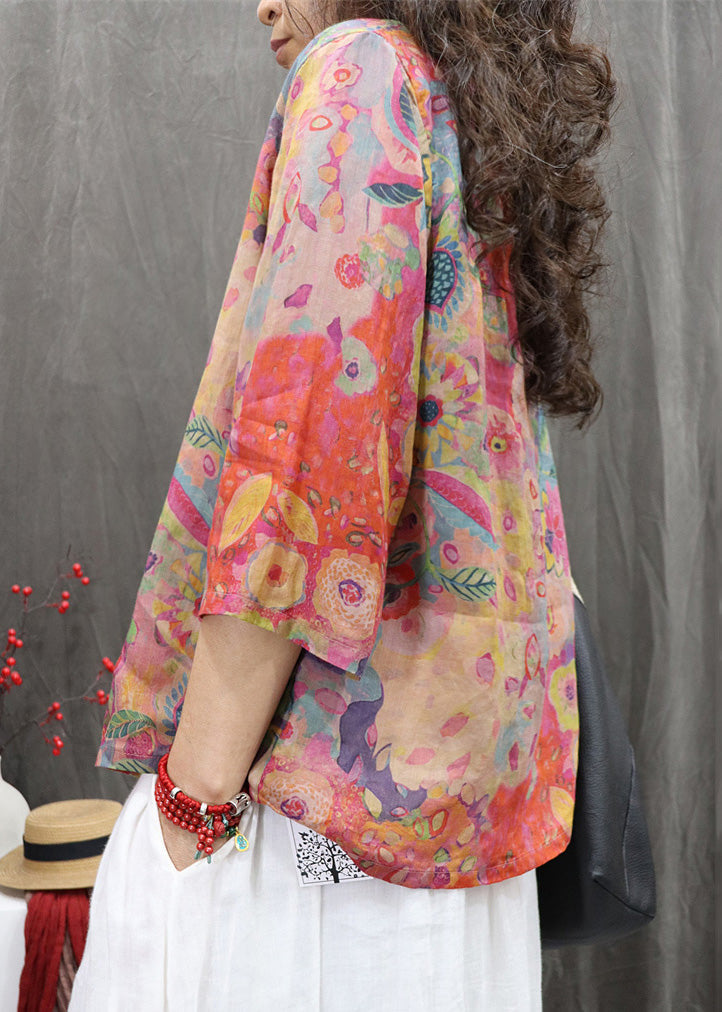 Bracelet Sleeve Orange Linen Button Print Neck V Blouse