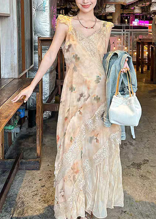 Print Dress Patchwork Long Cotton Lace Neck Orange V Summer