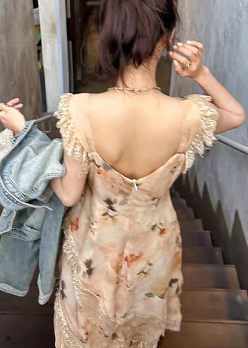 Print Dress Patchwork Long Cotton Lace Neck Orange V Summer