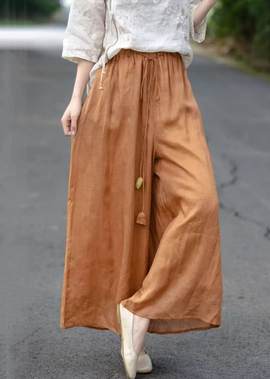 Solid Elastic Cotton Orange Pants Pockets Crop Summer Waist