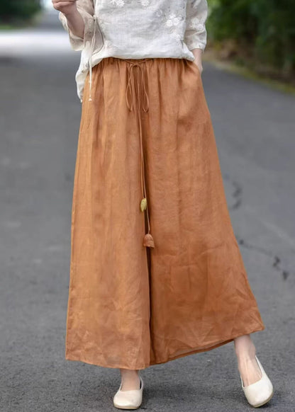 Crop Elastic Waist Orange Pockets Solid Pants Summer Cotton