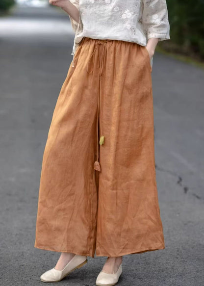 Crop Elastic Waist Orange Pockets Solid Pants Summer Cotton