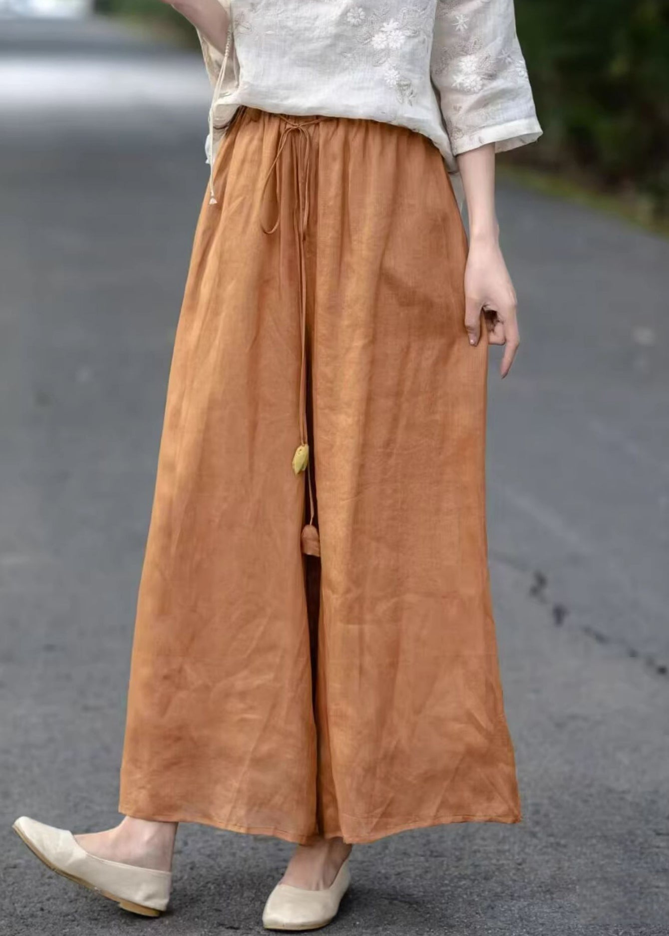 Solid Elastic Cotton Orange Pants Pockets Crop Summer Waist