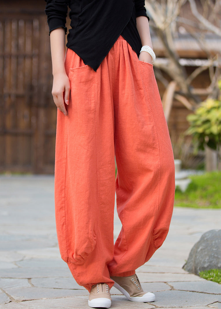 Orangefarbene Leinenhose mit Taschen und hoher Taille QE020