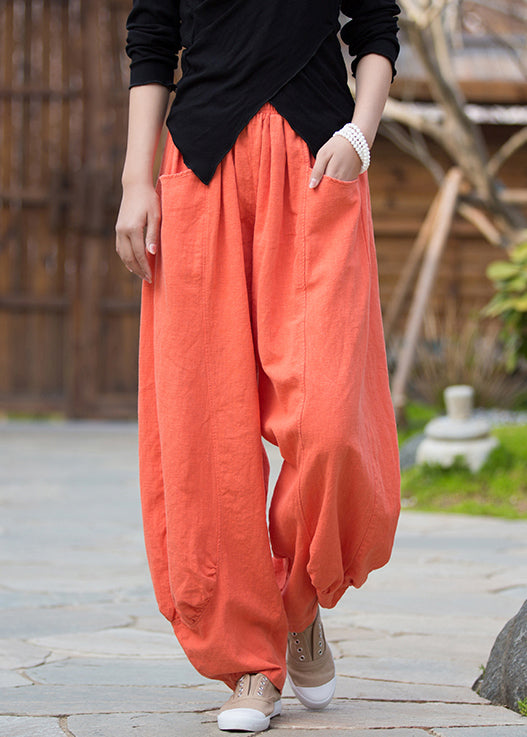 Orangefarbene Leinenhose mit Taschen und hoher Taille QE020