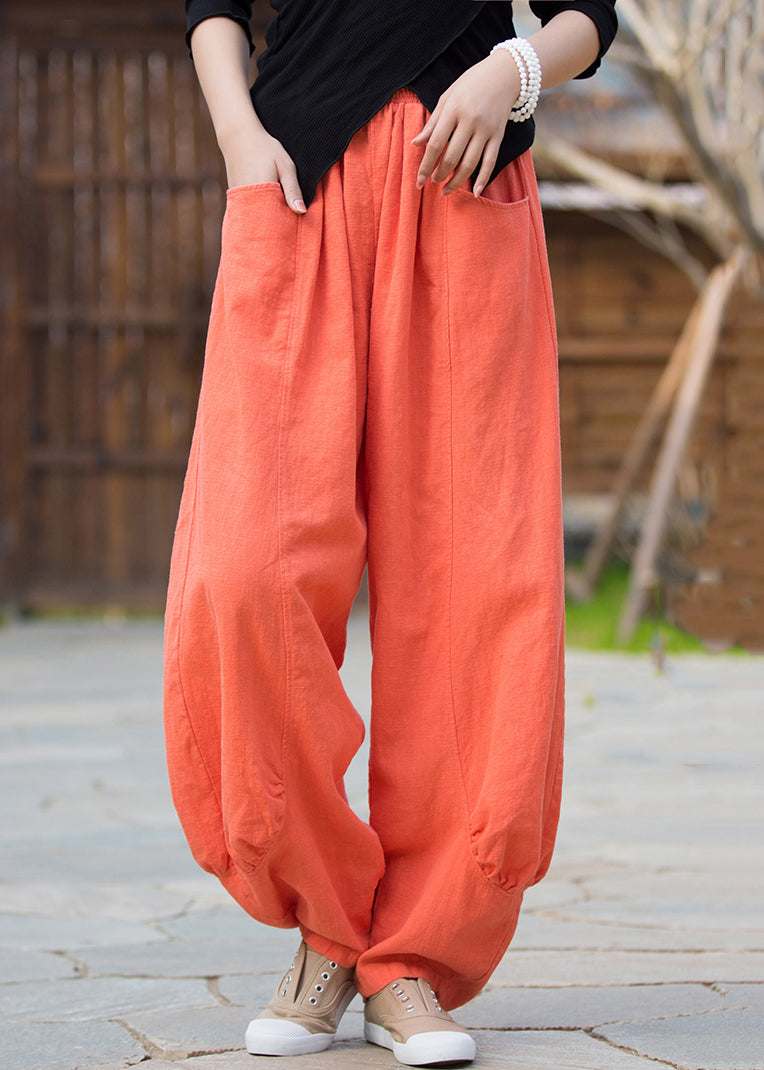 Orangefarbene Leinenhose mit Taschen und hoher Taille QE020