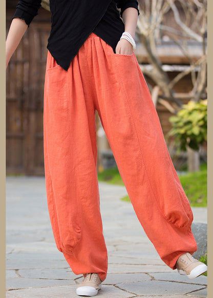 Orangefarbene Leinenhose mit Taschen und hoher Taille QE020