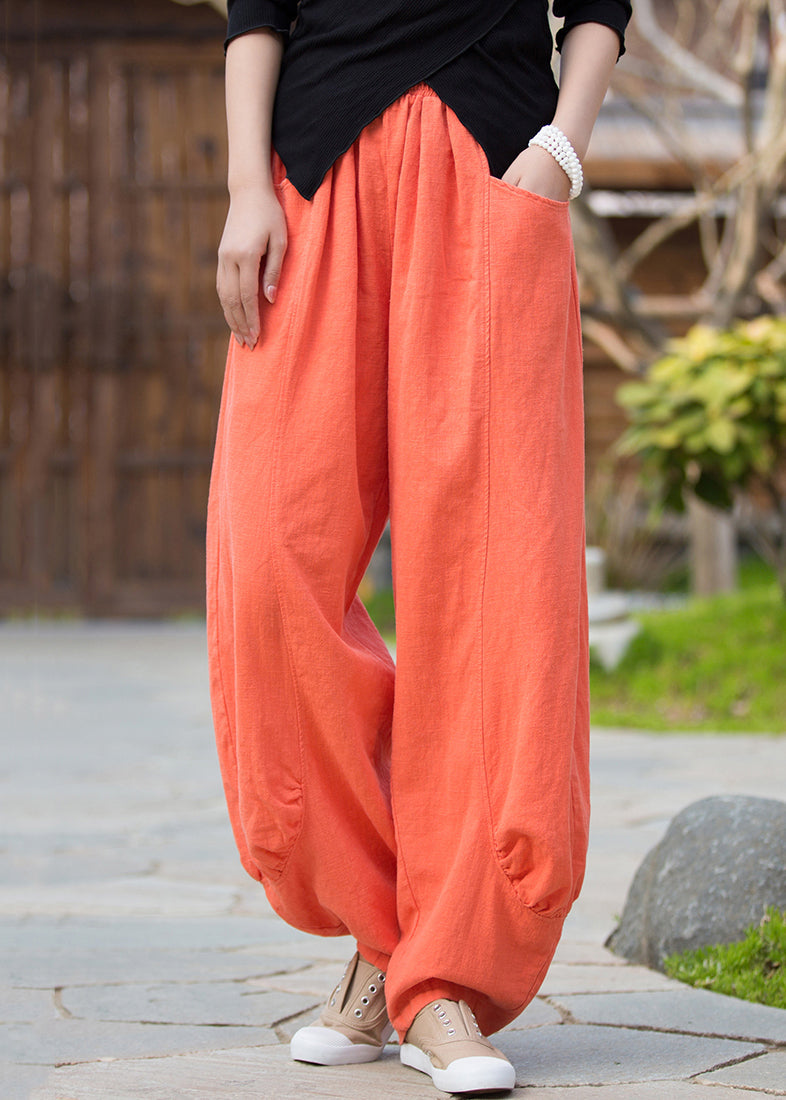 Orangefarbene Leinenhose mit Taschen und hoher Taille QE020