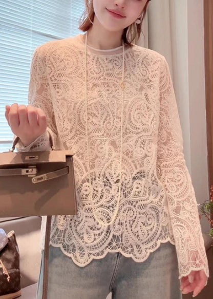 O-Neck Out Lace Hollow Beige Shirt T Spring Organic