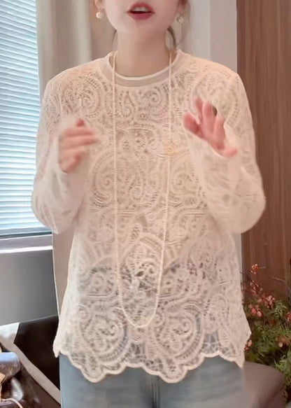 O-Neck Out Lace Hollow Beige Shirt T Spring Organic