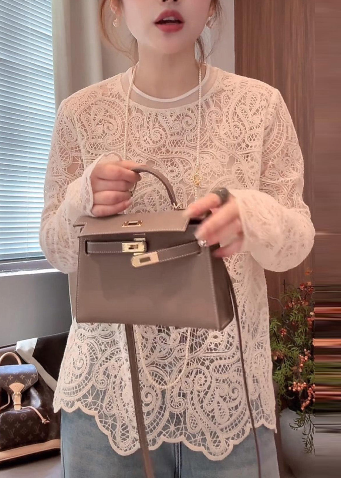 O-Neck Out Lace Hollow Beige Shirt T Spring Organic